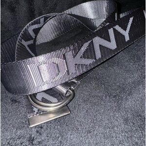 DKNY Donna Karan NY women’s Belt OS Silver/Gray Nylon Logo D Ring 48" Long